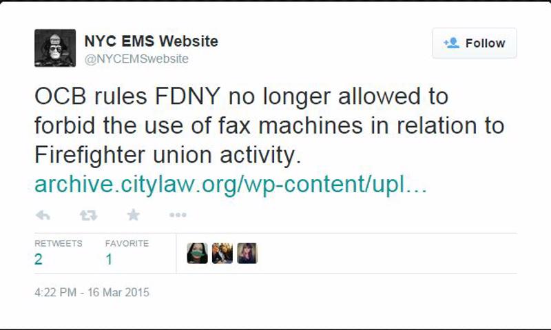 New York City firefighters can now send union-related faxes at work.