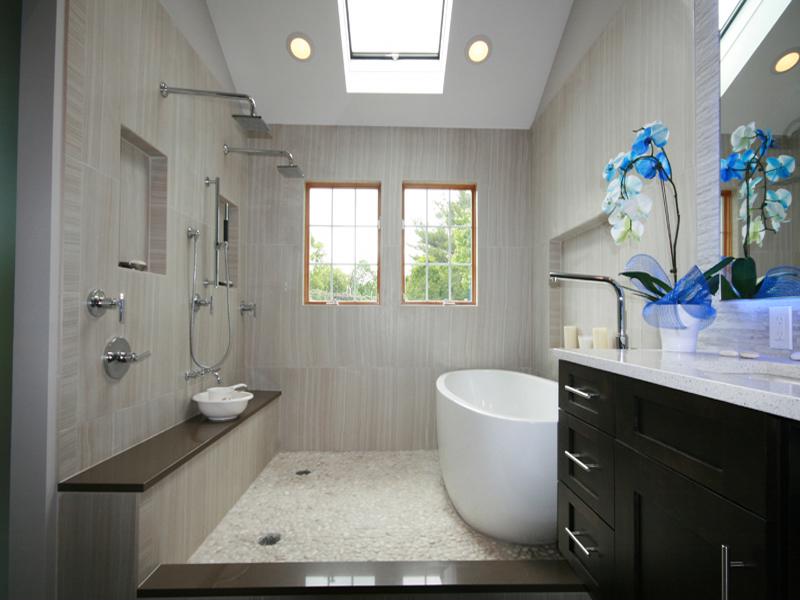 The gorgeous standalone tub in this bathroom add style and makes a statement. 