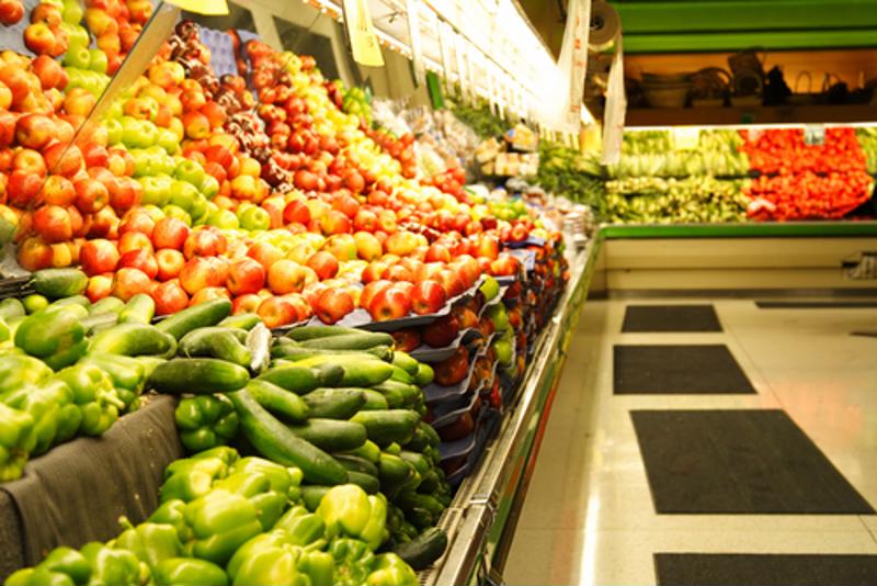 Produce on display in a grocery store.