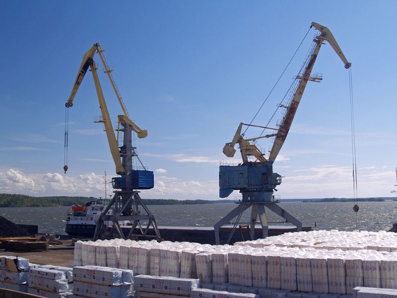 Cranes unload cargo from a ship.