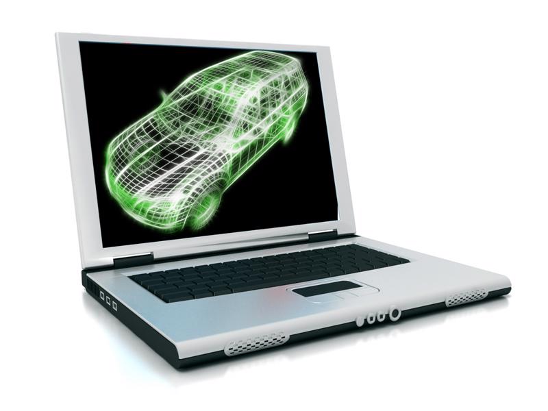 A computer shows a 3D image of a car.