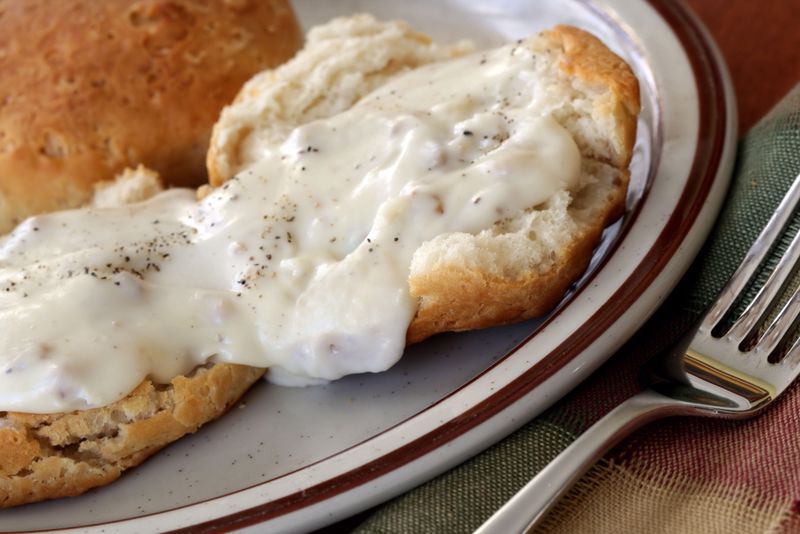 Biscuits and gravy on a plate