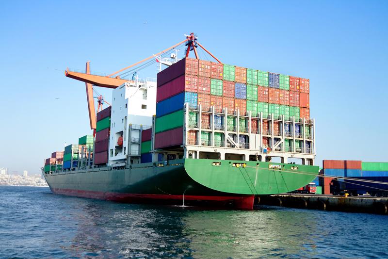 A cargo container ship.