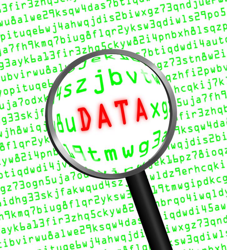 Magnifying glass on binary code with the word DATA in red in magnifying glass. 