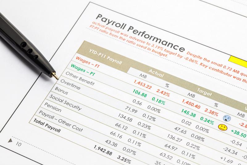 close-up of form with the header "Payroll Performance"  above a table of pay-related figures/metrics below