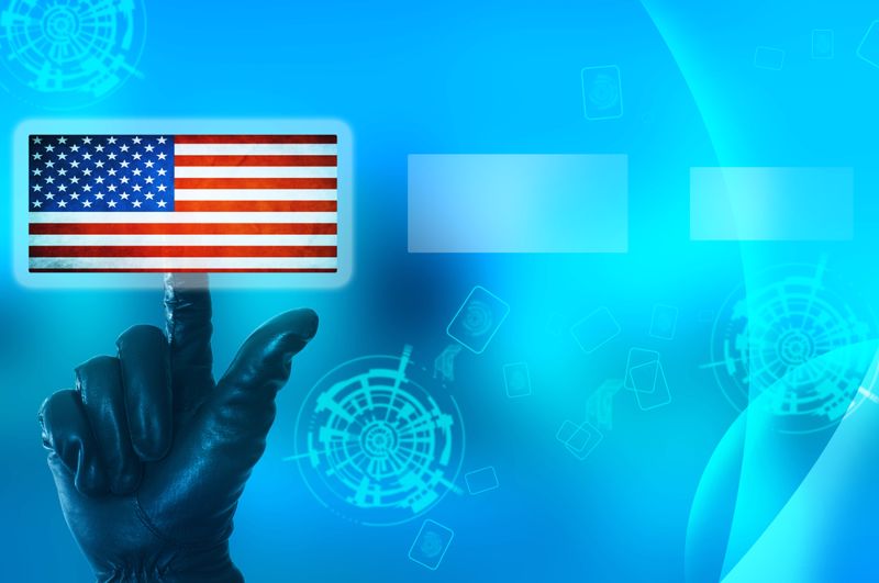 Hand selecting digital American flag icon