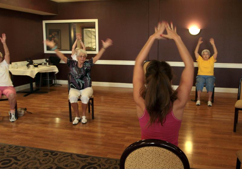 seniors exercising, exercise, class, assisted living