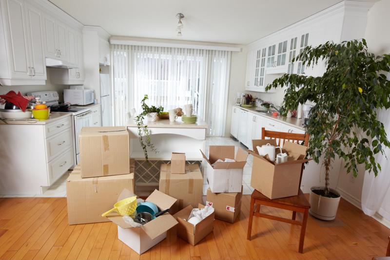 Move in photo of boxes in the kitchen