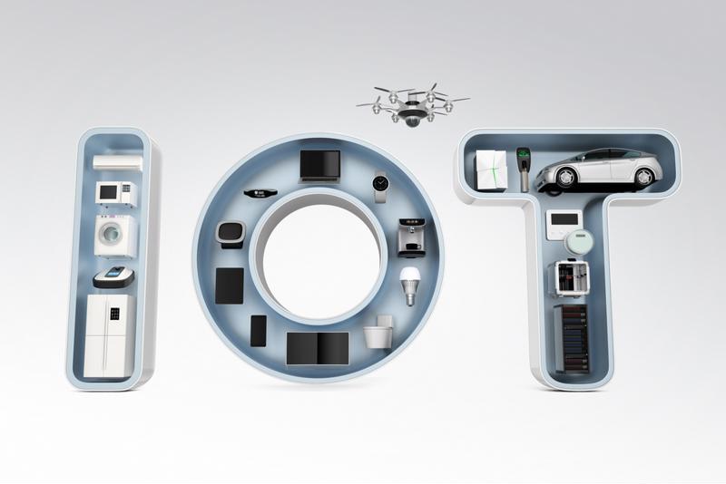Different IoT devices arranged to spell IOT