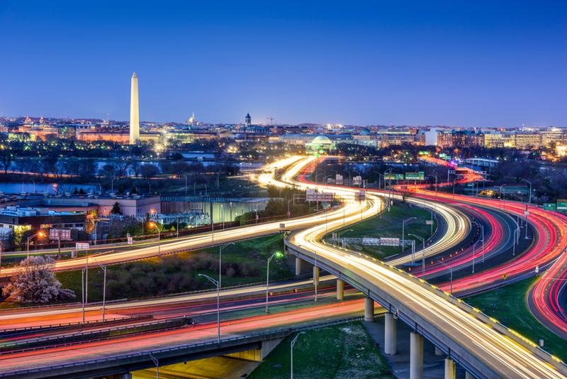 Overhead view of highways cutting through Washington D.C.