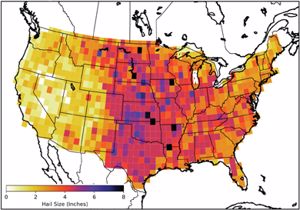 Map of hail storm severity throughout the US