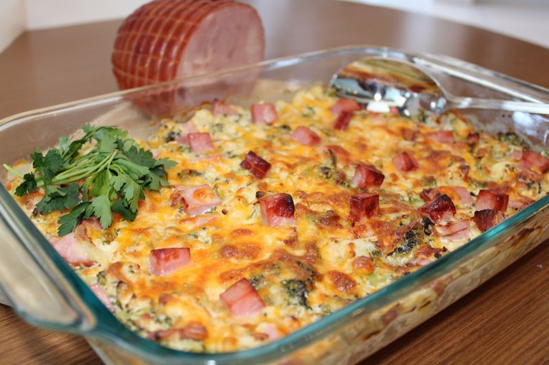 A Broccoli, Cauliflower and Ham Au Gratin is featured in a baking dish