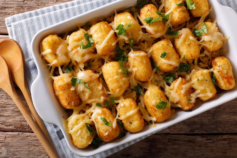 A birds eye view of tater tot casserole on a table